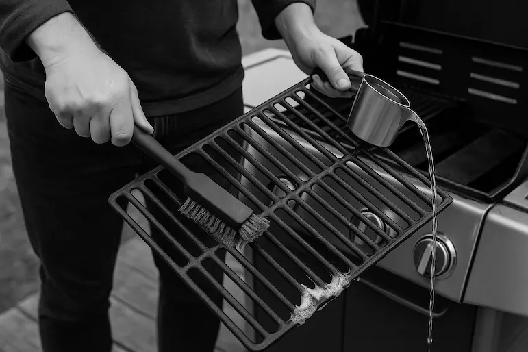 En person rengör ett grillgaller från en gasolgrill med en stålborste och varmt vatten, med grillen delvis isärplockad i bakgrunden